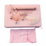 Set Roller pentru Masaj Facial cu Vibratii, cu 4 Capete Interschimbabile din Quartz Roz si Piatra Gua Sha