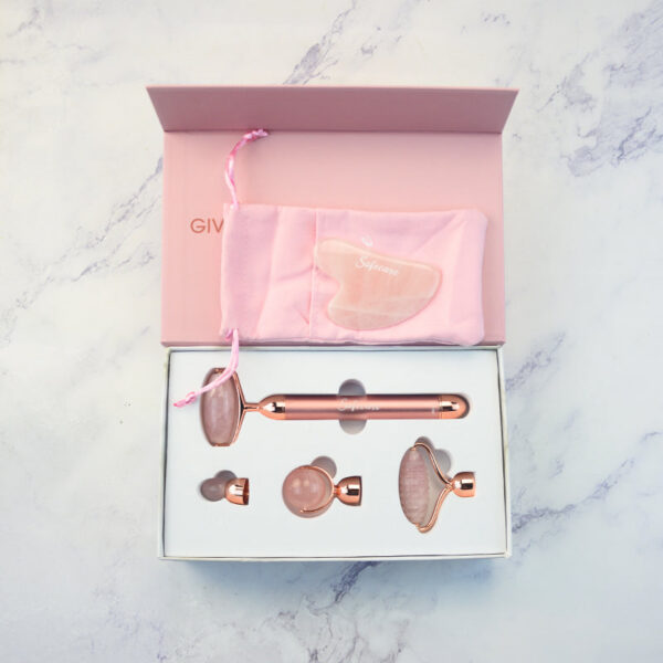 Set Roller pentru Masaj Facial cu Vibratii, cu 4 Capete Interschimbabile din Quartz Roz si Piatra Gua Sha - imagine 3