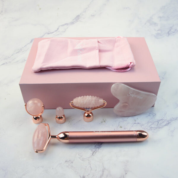 Set Roller pentru Masaj Facial cu Vibratii, cu 4 Capete Interschimbabile din Quartz Roz si Piatra Gua Sha - imagine 5