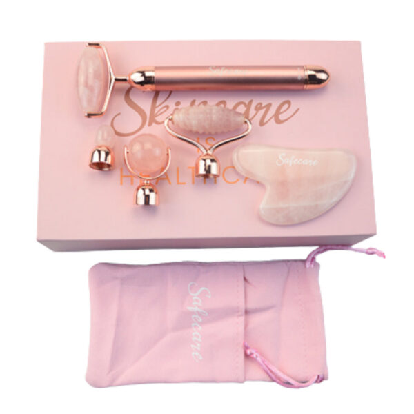 Set Roller pentru Masaj Facial cu Vibratii, cu 4 Capete Interschimbabile din Quartz Roz si Piatra Gua Sha - imagine 1