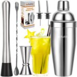 Set complet bartending profesional 6 piese, shaker 700 ml, inox, argintiu