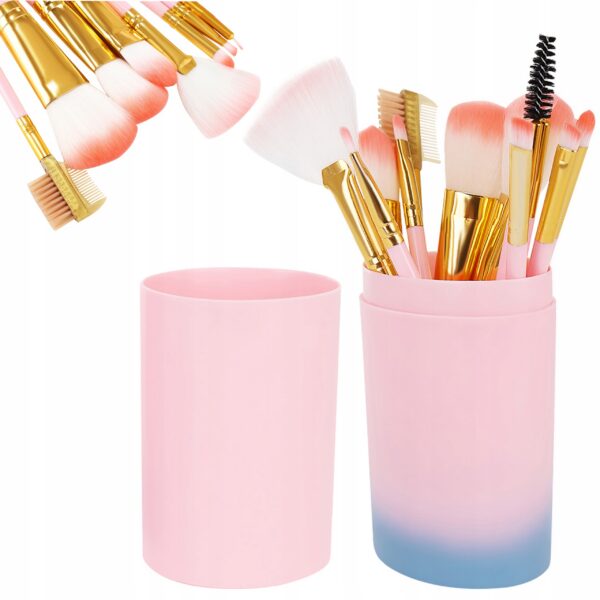 Set pensule profesionale de machiaj 12 buc, etui roz - imagine 1