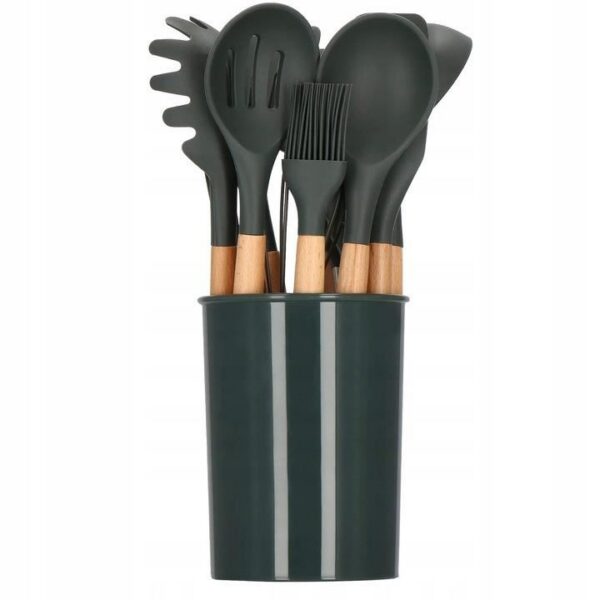 Set ustensile bucatarie, silicon si bambus, grafit, 12 piese, Springos - imagine 8