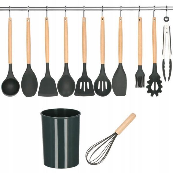 Set ustensile bucatarie, silicon si bambus, grafit, 12 piese, Springos - imagine 5