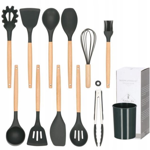 Set ustensile bucatarie, silicon si bambus, grafit, 12 piese, Springos - imagine 4