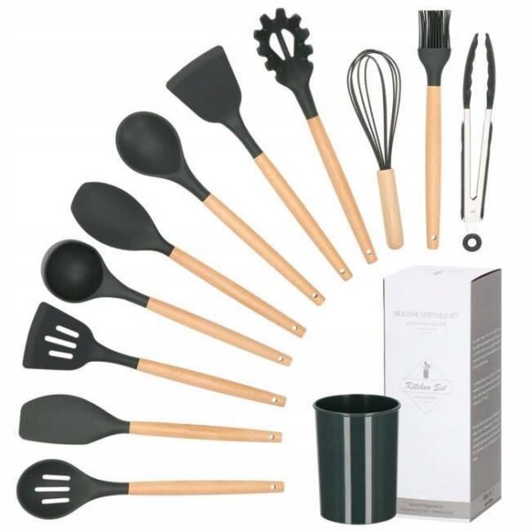 Set ustensile bucatarie, silicon si bambus, grafit, 12 piese, Springos - imagine 2