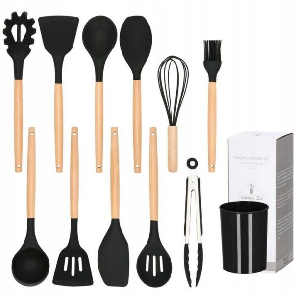 Set ustensile bucatarie, silicon si bambus, negru, 12 piese, Springos - imagine 2
