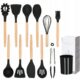 Set ustensile bucatarie, silicon si bambus, negru, 12 piese, Springos - imagine 2