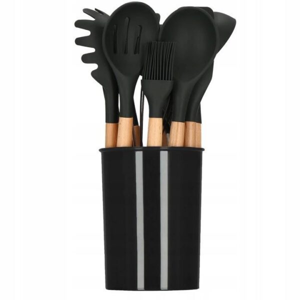 Set ustensile bucatarie, silicon si bambus, negru, 12 piese, Springos - imagine 4