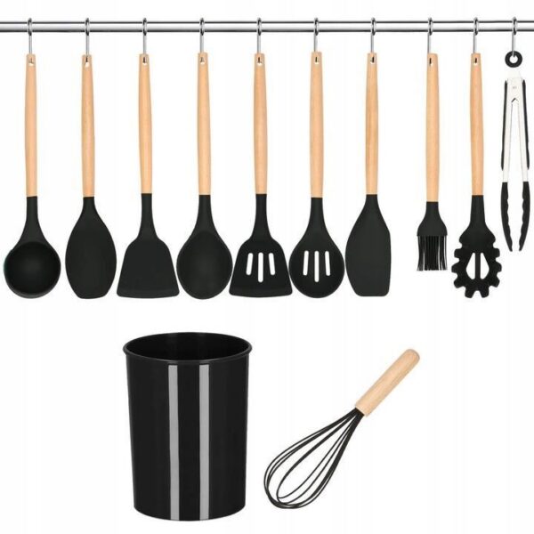 Set ustensile bucatarie, silicon si bambus, negru, 12 piese, Springos - imagine 3