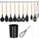 Set ustensile bucatarie, silicon si bambus, negru, 12 piese, Springos - imagine 3