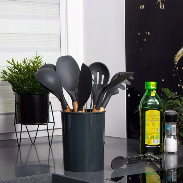 Set ustensile bucatarie, silicon si bambus, grafit, 12 piese, Springos - imagine 10