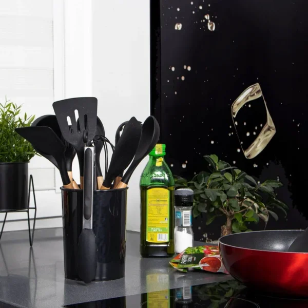 Set ustensile bucatarie, silicon si bambus, negru, 12 piese, Springos - imagine 9