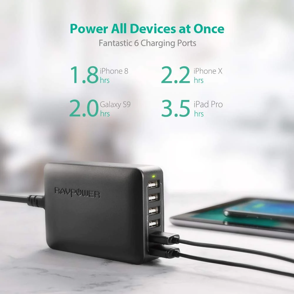 Statie de Incarcare USB cu 6 Porturi 2.4A port 12A max Tehnologie iSmart RavPow 5 1