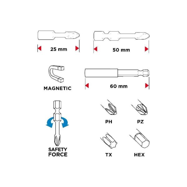 Varfuri, biti, de impact, cu adaptor magnetic, set 23 buc, 25-50 mm, Graphite - imagine 2