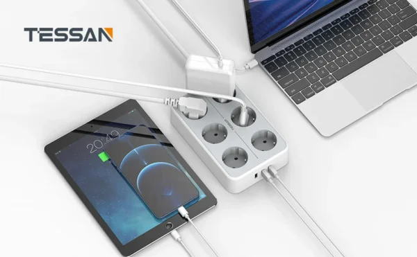 Prelungitor Tessan TS-303, 6 prize, 3 USB 3A, cablu 2m - imagine 8