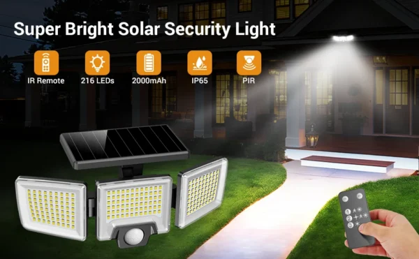 Set 2 Lampi solare de perete MustWin UT88268, 2500lm, LED, 216 leduri, Telecomanda,  3 moduri, senzor de miscare - imagine 8