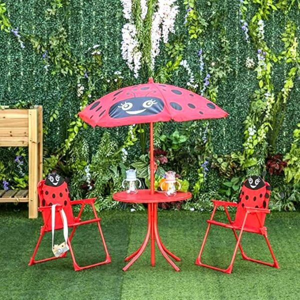 Set mobilier gradina/terasa pentru copii, pliabil, rosu, model buburuza, 1 masa cu umbrela, 2 scaune, Melisenda - imagine 9
