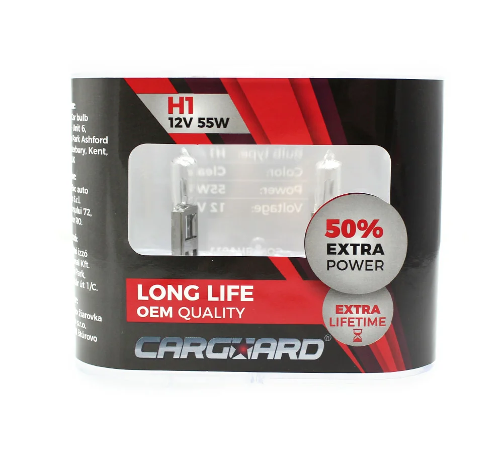 Set 2 becuri Halogen H1 12V 55W Carguard, +50% intensitate, Long Life