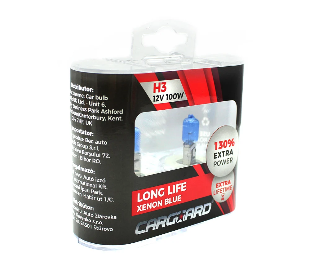 Set 2 becuri Halogen H3 12V 100W Carguard, +130% intensitate, Long Life