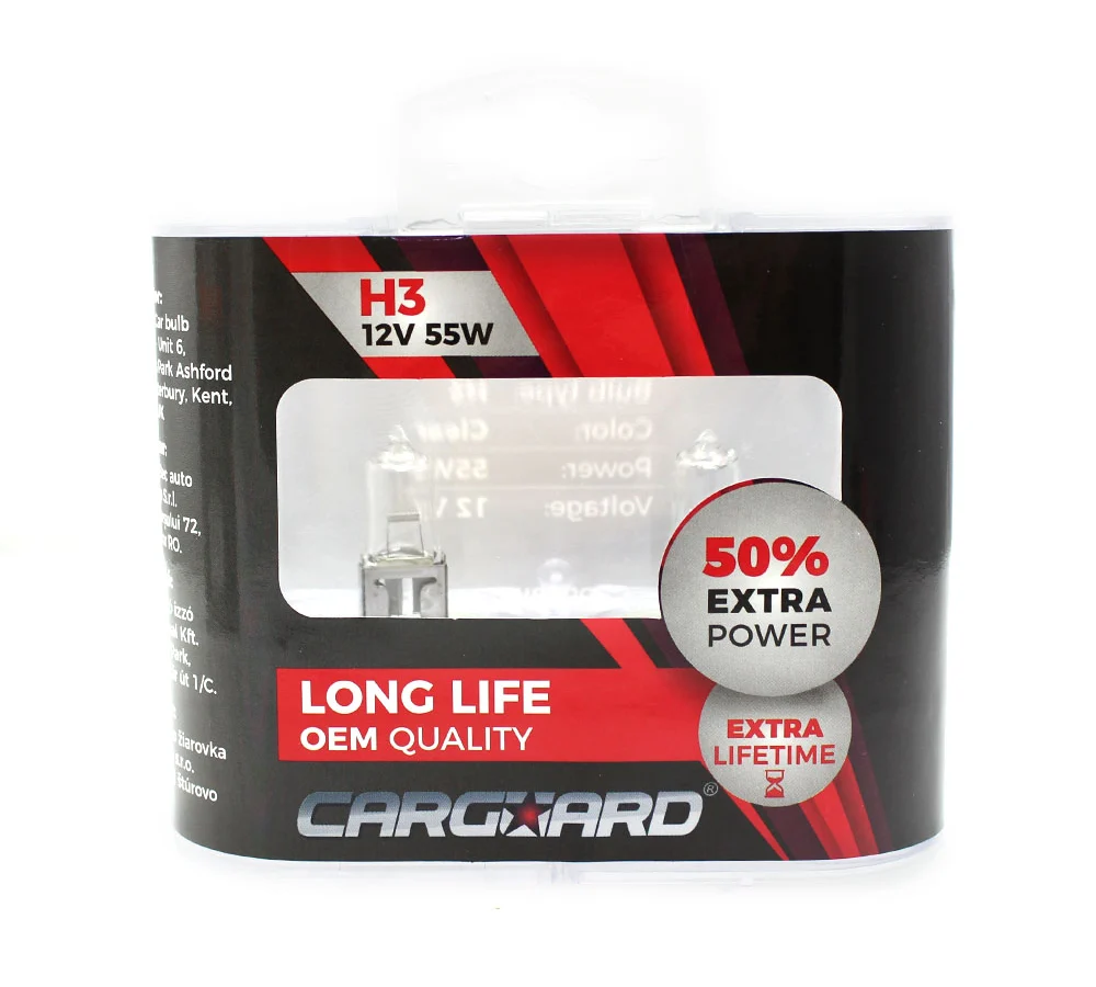 Set 2 becuri Halogen H3 12V 55W Carguard, +50% intensitate, Long Life