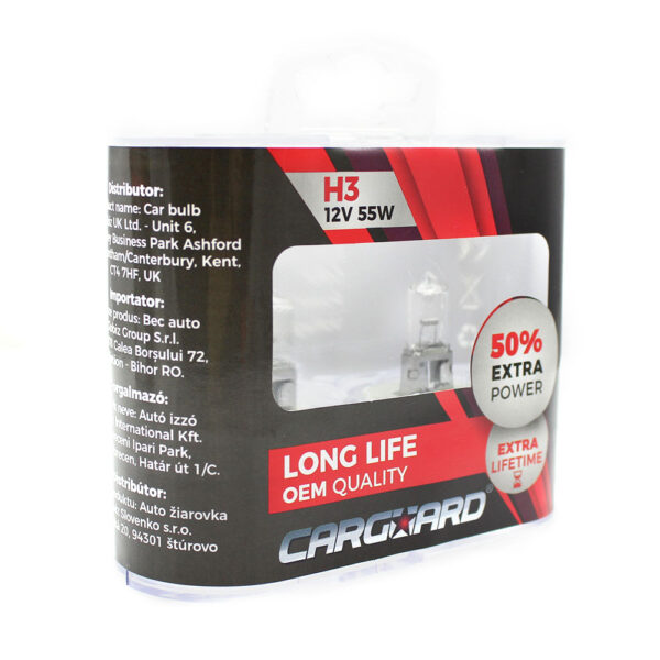 Set 2 becuri Halogen H3 12V 55W Carguard, +50% intensitate, Long Life - imagine 1