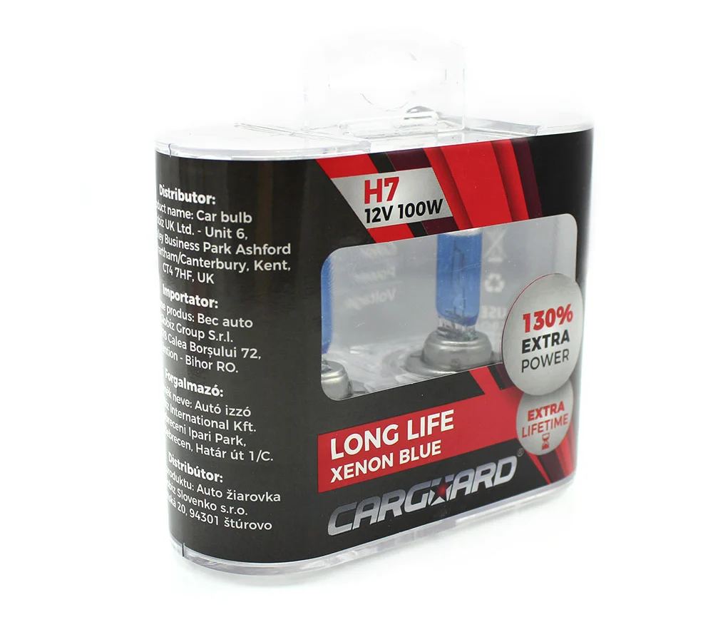 Set 2 becuri Halogen H7 12V 100W Carguard, +130% intensitate, Long Life