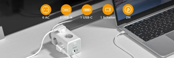 Prelungitor tip cub Tessan TS-306-C, 6 prize, 2 USB, 1 USB-C, 3A, cablu 2m - imagine 2