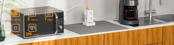 Prelungitor tip Turn Tessan TS-306TS-C, 6 prize, 2 USB, 1 USB-C, 3A, cablu 2m - imagine 8