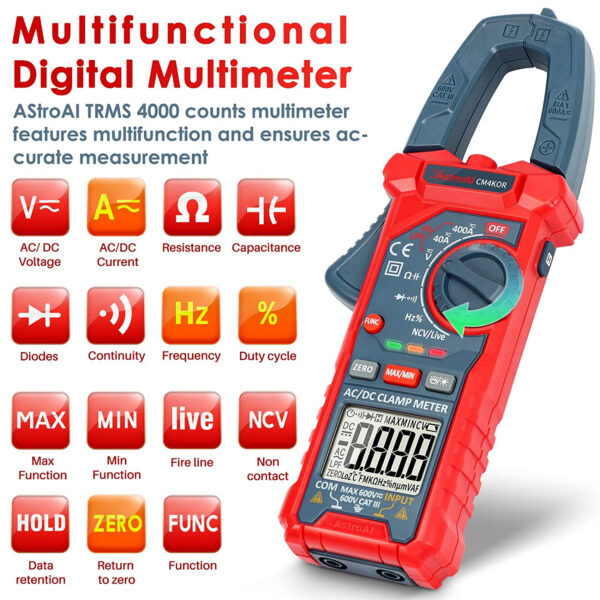 Clampmetru (cleste ampermetric) Multimetru digital AstroAI CM4KOR 4000 Counts, Auto-ranging, Masoara Tensiunea, curentul AC DC, rezistenta, capacitatea, frecventa, continuitatea, testarea firelor su - imagine 2