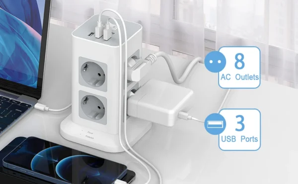 Prelungitor tip Turn Tessan TPS03-DE-C, 8 prize, 3 USB, 1 USB-C, 3A, cablu 2m - imagine 6