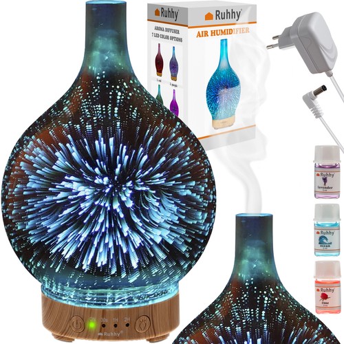 Difuzor aroma cu Ultrasunete Ruhhy, Efecte de Lumini 3D, Timer, 3 uleiuri esentiale incluse, 11W