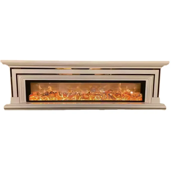Semineu Electric Majestic Gold XXL, 180 x 60 cm x 32 cm, Lemn Masiv Stejar Alb cu Insertii Aurii, Flacara 3D si Jar incandescent, Telecomanda, Timer, Alb - imagine 1