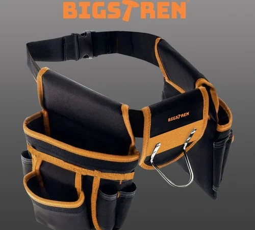 Curea multifunctionala pentru scule Bigstren, 22 buzunare, 2 bucle, suport ciocan, 67-136 cm, Negru/Galben