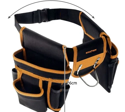 Curea multifunctionala pentru scule Bigstren, 22 buzunare, 2 bucle, suport ciocan, 67-136 cm, Negru/Galben