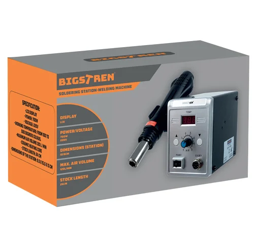 Statie de lipit cu aer cald Bigstren, 700 W, 100–500°C, 3 duze, afisaj LCD