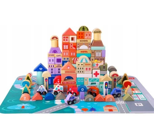 Set blocuri din lemn Kruzzel, 115 piese, puzzle oras, vehicule si accesorii, 54 x 42 cm