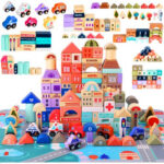 Set blocuri din lemn Kruzzel, 115 piese, puzzle oras, vehicule si accesorii, 54 x 42 cm
