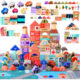 Set blocuri din lemn Kruzzel, 115 piese, puzzle oras, vehicule si accesorii, 54 x 42 cm