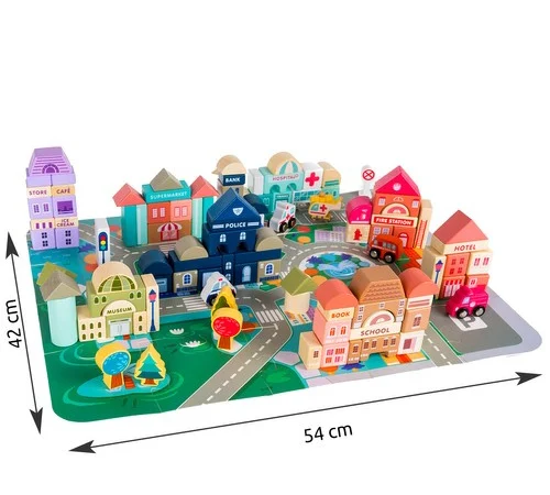Set blocuri din lemn Kruzzel, 115 piese, puzzle oras, vehicule si accesorii, 54 x 42 cm