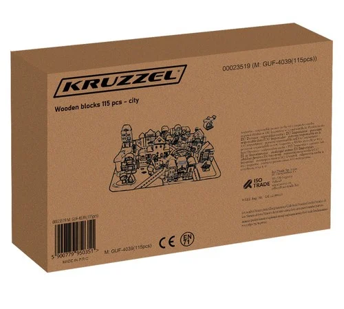 Set blocuri din lemn Kruzzel, 115 piese, puzzle oras, vehicule si accesorii, 54 x 42 cm
