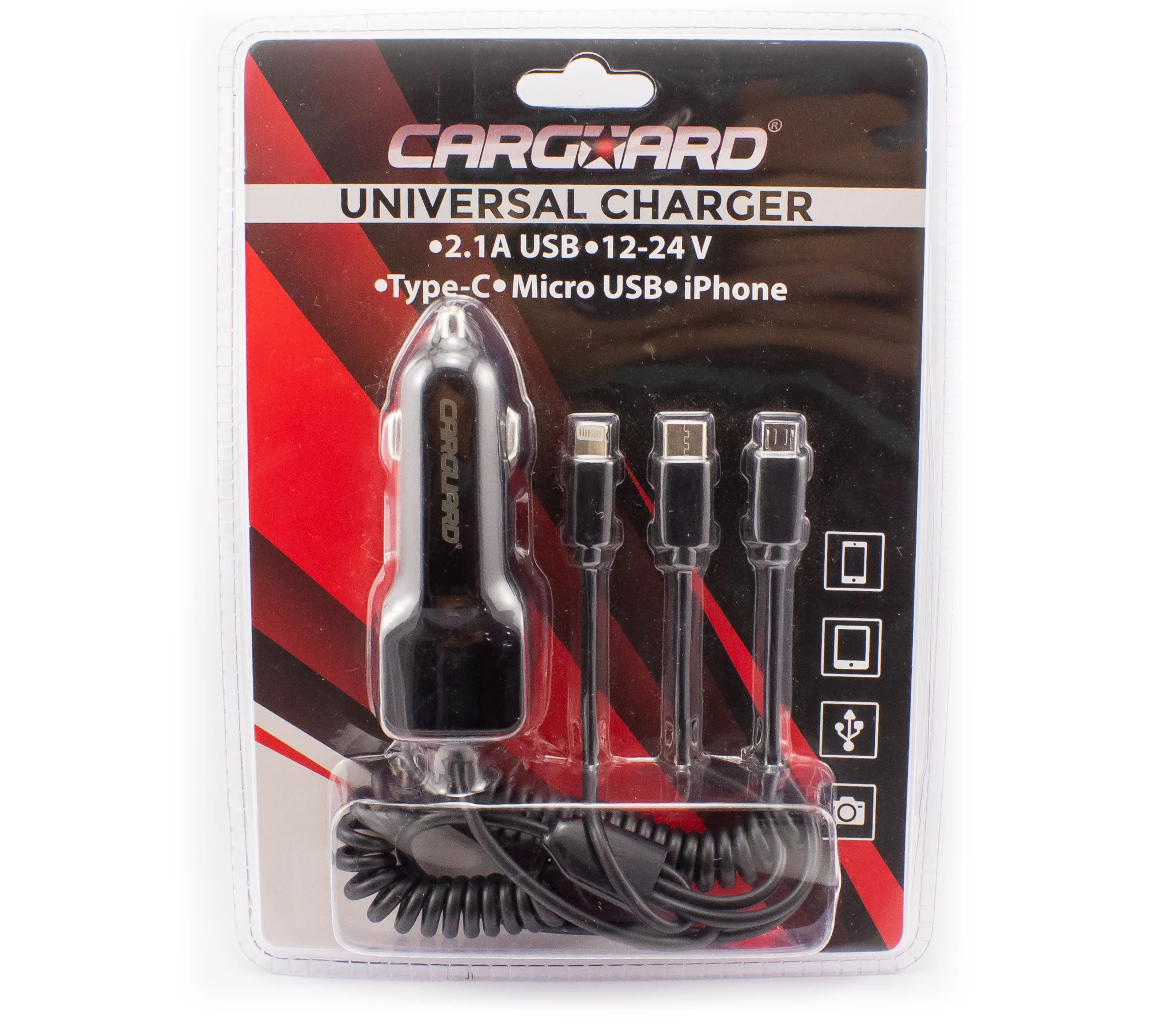 Incarcator auto universal Carguard, Type-C, Micro-USB, Lightning, 2100mA