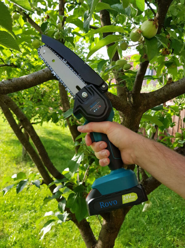 Mini ferastrau cu lant Electric Rovo RV-MF, 6 inch, 24V, 2000mAh, 2 acumulatori, 2 lanturi, Chainsaw - imagine 3