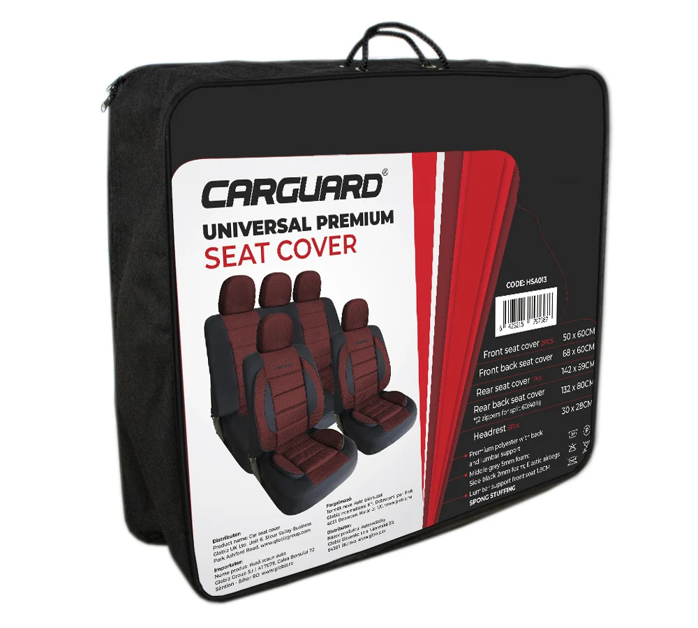 Huse universale premium scaune auto Carguard, rosu + negru, poliester, suport lombar