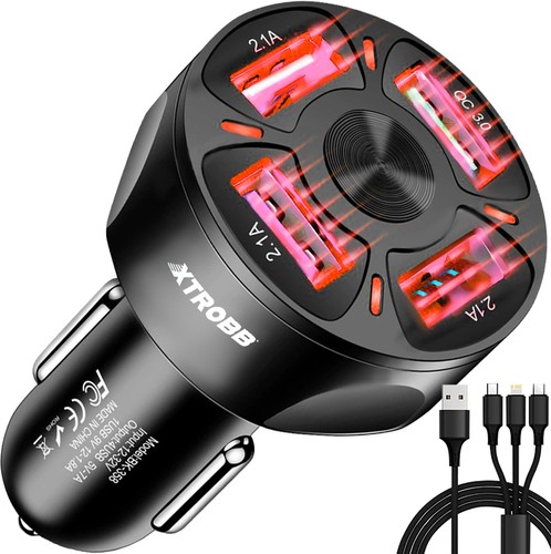 Incarcator auto 4 x USB cu cablu 3 in 1, Quick Charge 3.0, porturi multiple, compatibil universal, Negru