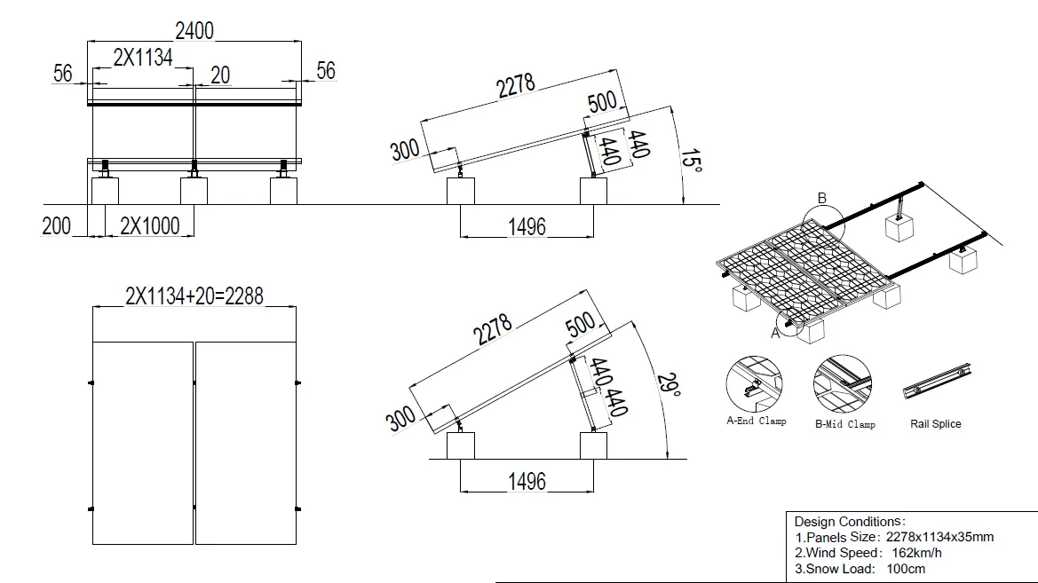 Kit montaj panouri solare Globiz, 2 panouri, unghi reglabil 15-30°, rezistenta vant 162 km/h