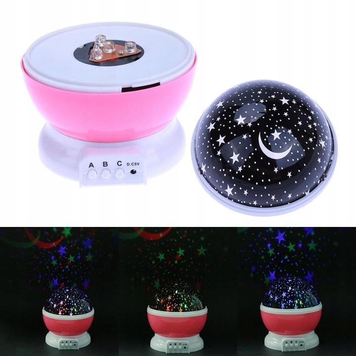 Lampa de noapte cu proiector de stele, multicolor, 2 moduri, 3 functii, USB, 5W, roz