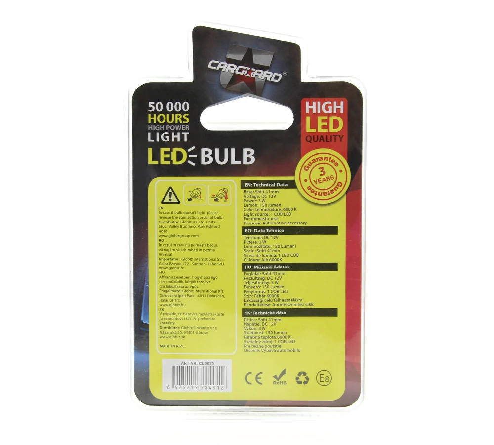 LED sofit pentru plafoniera si numar de inmatriculare Carguard CLD020, 41 mm, 150 lumeni, 12V, set 2 buc