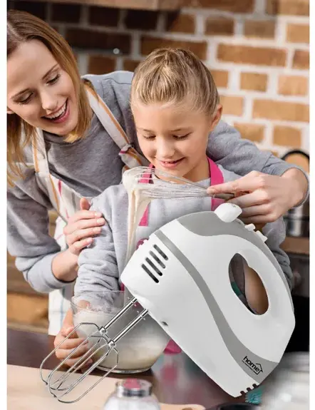 Mixer de mana Home 250W, 5 Trepte de Viteza, Teluri pentru Spuma si Framantat, functie Turbo, alb