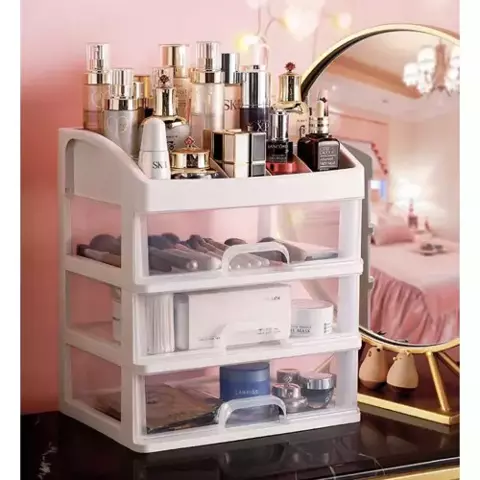Organizator multifunctional pentru cosmetice si accesorii Soulima, 3 sertare transparente, compartimente multiple